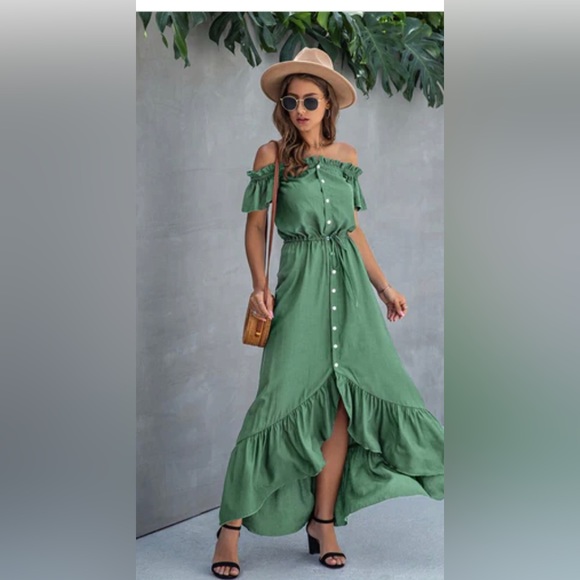 ANNA-KACI Frilled Ruffle Off The Shoulder Sage Green Maxi Dress. Sz: Medium - Picture 14 of 16